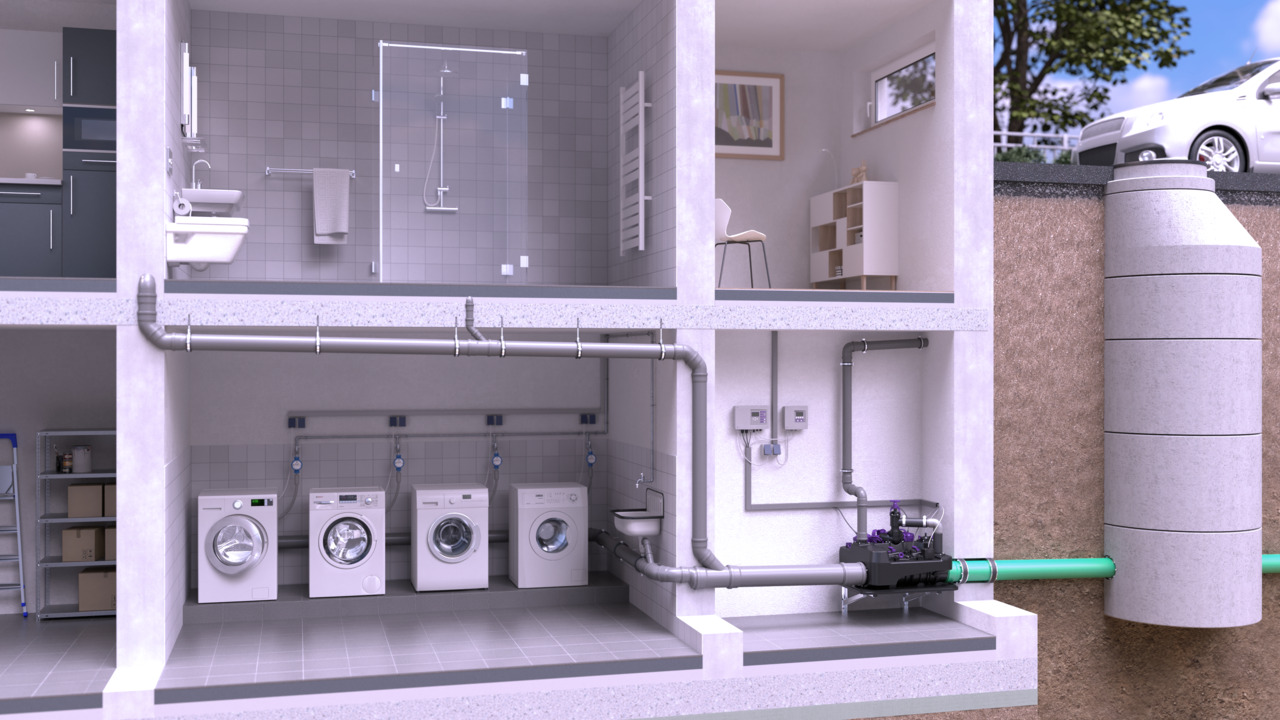 Einbaubeispiel einer Hybrid-Hebeanlage <em>Ecolift L</em> im Mehrfamilienhaus