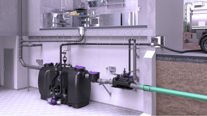 Einbaubeispiel <em>Ecolift L</em> hinter Fettabscheider