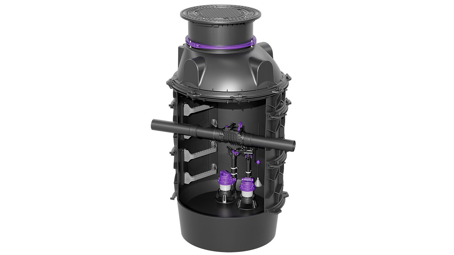 Produktabbildung individuelle Hybrid-Hebeanlage im Technikschacht Produktabbildung einer Hybrid-Hebeanlage im Technikschacht mit Blick auf die Pumpen und das Durchlaufgerinne.
