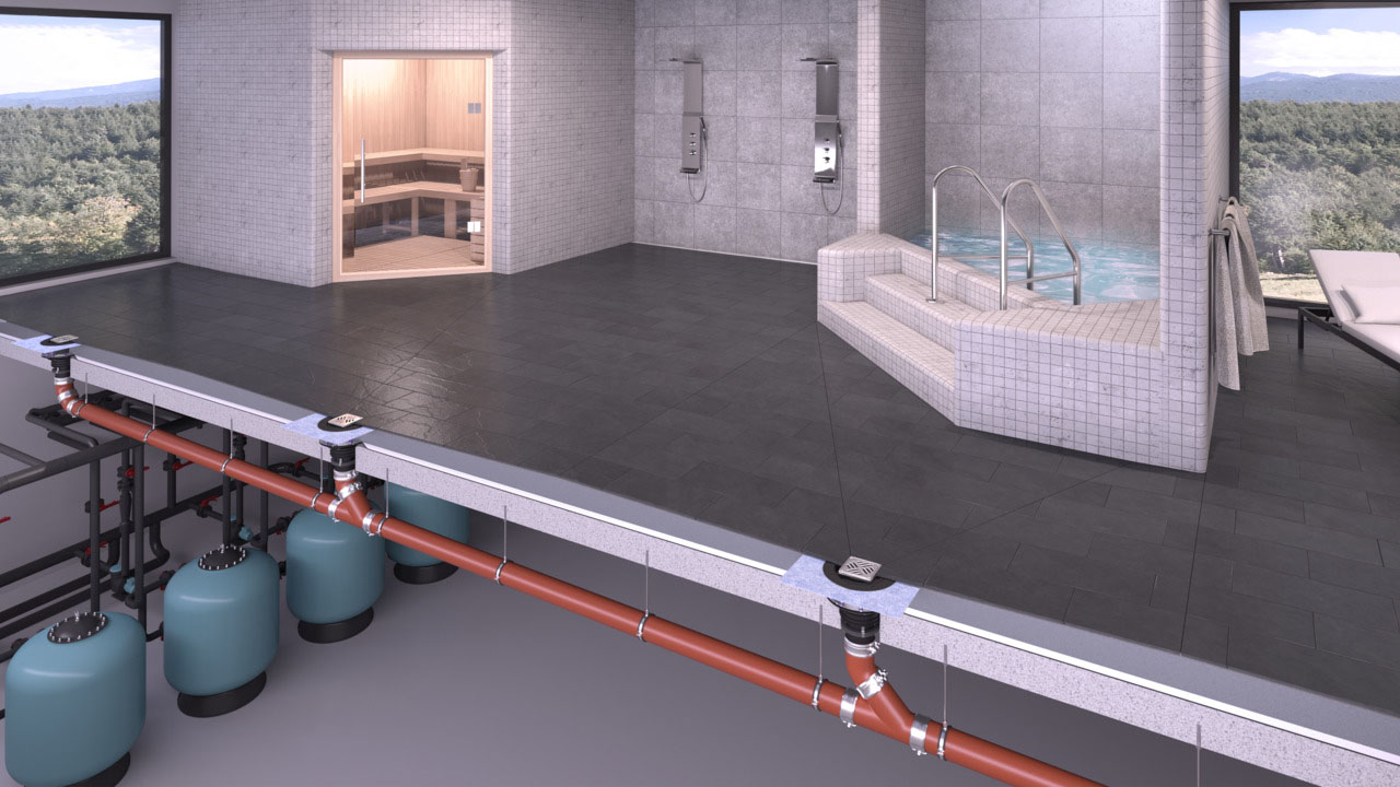 Ecoguss floor drain in a leisure pool