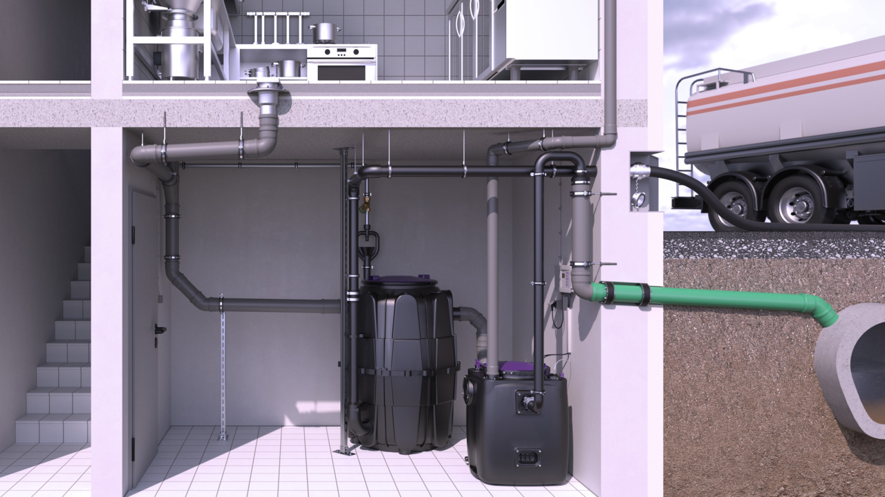Einbaubeispiel Fettabscheider EasyClean Modular Direct mit Hebeanlage Aqualift 200 im Keller