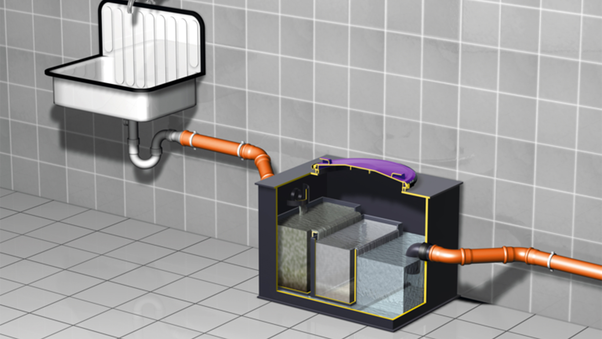 Raum mit einem Waschbecken, dessen Abwasserleitung durch einen am Boden stehenden Sinkstoffabscheider verläuft. Im Inneren sind drei Stufen zu sehen, von Stufe zu Stufe wird das Abwasser sauberer. Raum mit einem Waschbecken, dessen Abwasserleitung durch einen am Boden stehenden Sinkstoffabscheider verläuft. Im Inneren sind drei Stufen zu sehen, von Stufe zu Stufe wird das Abwasser sauberer.