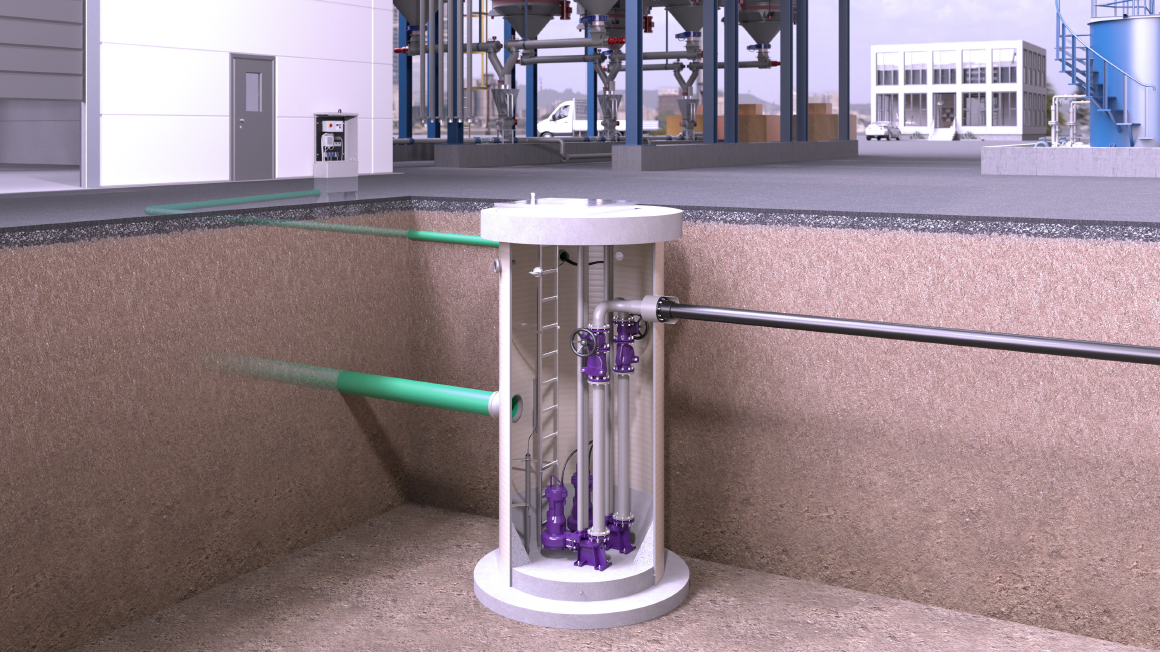 Einbauvorschlag GFK-Schacht mit Pumpen Darstellung eines glasfaserverstärkten Kunststoff GFK Schachtes mit Pumpen im Außenbereich einer Industrie-Anlage.
