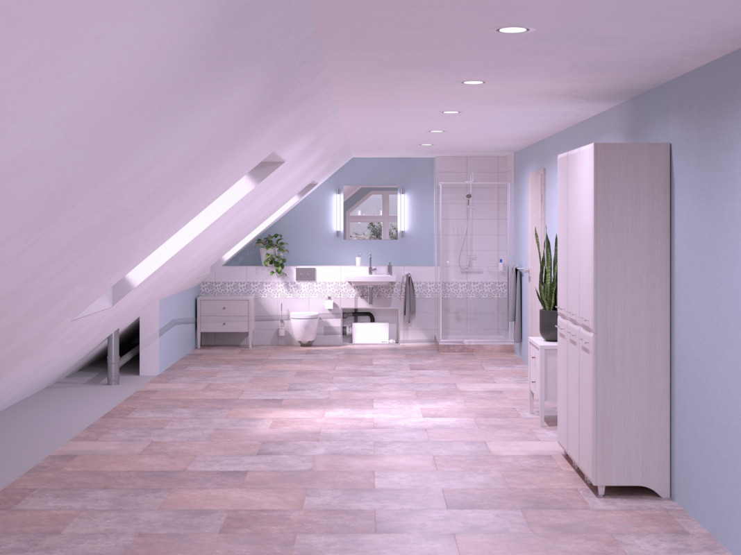 Einbaudarstellung Minilift L WC Einbaudarstellung einer Kleinhebeanlage Minilift L WC in einem Badezimmer mit Dachschräge mit Dusche, Waschbecken und Toilette. Die Kleinhebeanlage Minilift L WC ist in einem Schrank verbaut.