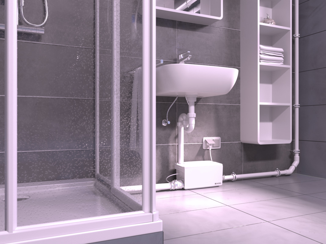 Kleinhenbeanlage Minilift S nachträglich eingebaut in einem Bad im Untergeschoss.