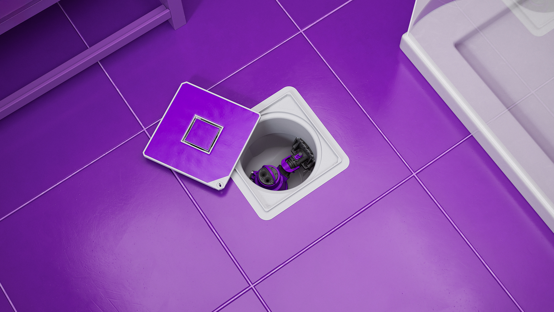 Blick auf eine nahtlos in die Bodenplatte eingebaute Kleinhebeanlage mit geöffneter Abdeckung.