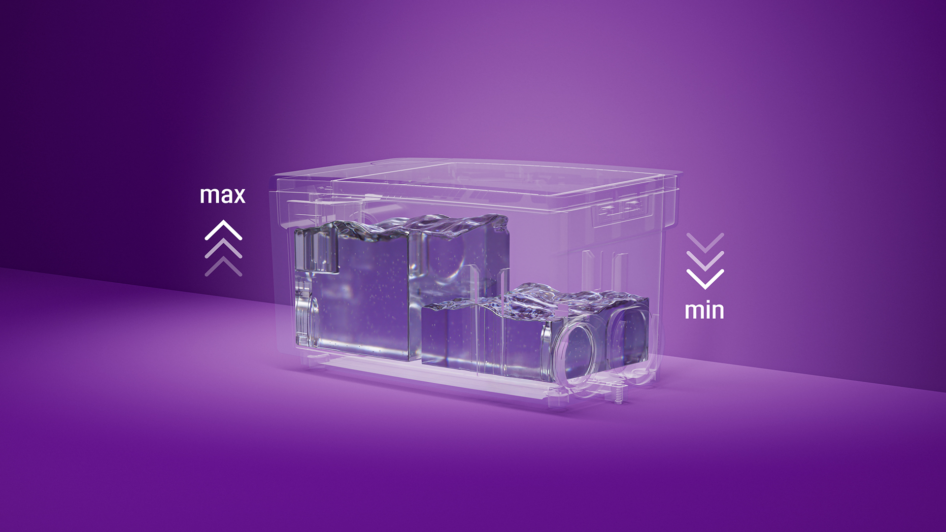 Einstellbares Nutzvolumen Darstellung eines Minilift-Behälters, bei dem auf der einen Seite die Füllhöhe hoch ist, auf der anderen Seite niedrig.