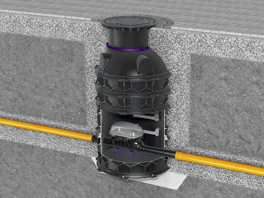 Installation diagram for the backwater chamber technical module with Controlfix and the LW 1000 engineering chamber