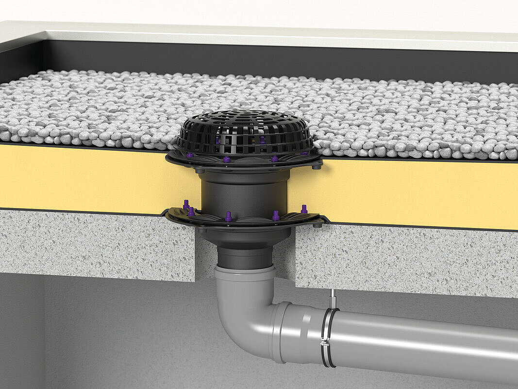 Schéma de montage du siphon de toit plat Ecoguss avec double étanchéité pour la pose dans du béton étanche