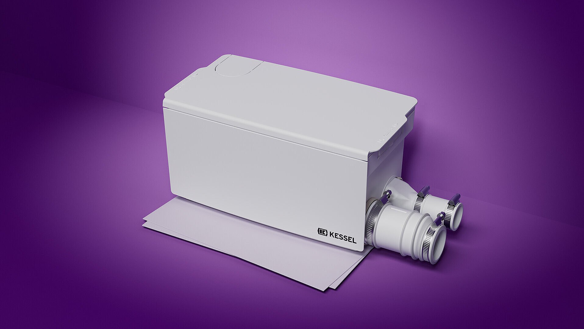 Hebeanlage Minilift steht auf einem DIN A4 Blatt um das Größenverhältnis aufzuzeigen.