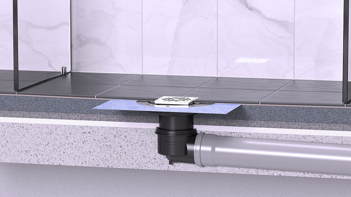 Einbauvorschlag Bodenablauf Practicus mit Variofix Aufsatzstück in der Dusche