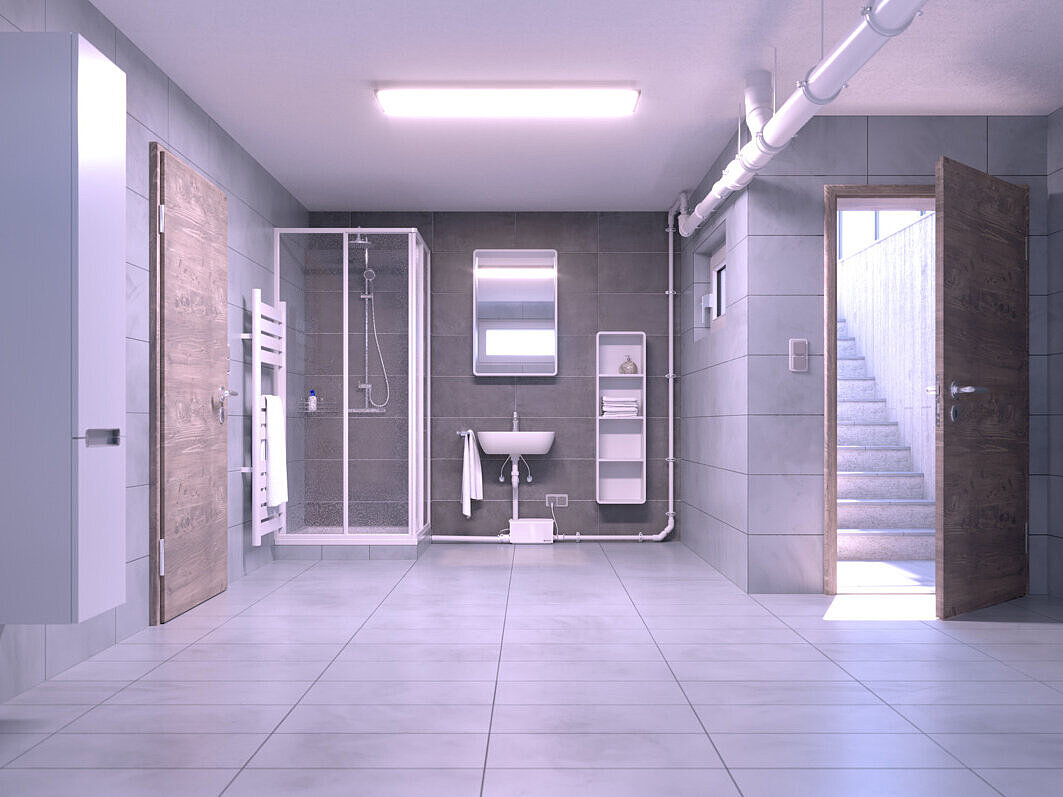 Kleinhenbeanlage Minilift S nachträglich eingebaut in einem Bad im Untergeschoss.