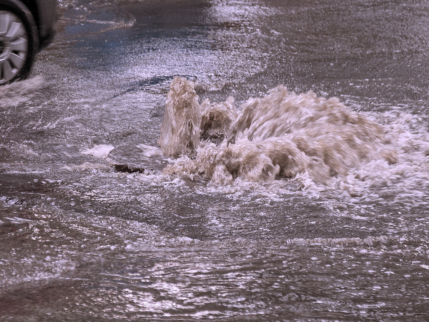 Wasser quillt aus dem Gullideckel infolge einer Kanalüberlastung durch Starkregen. Wasser quillt aus dem Gullideckel infolge einer Kanalüberlastung durch Starkregen.