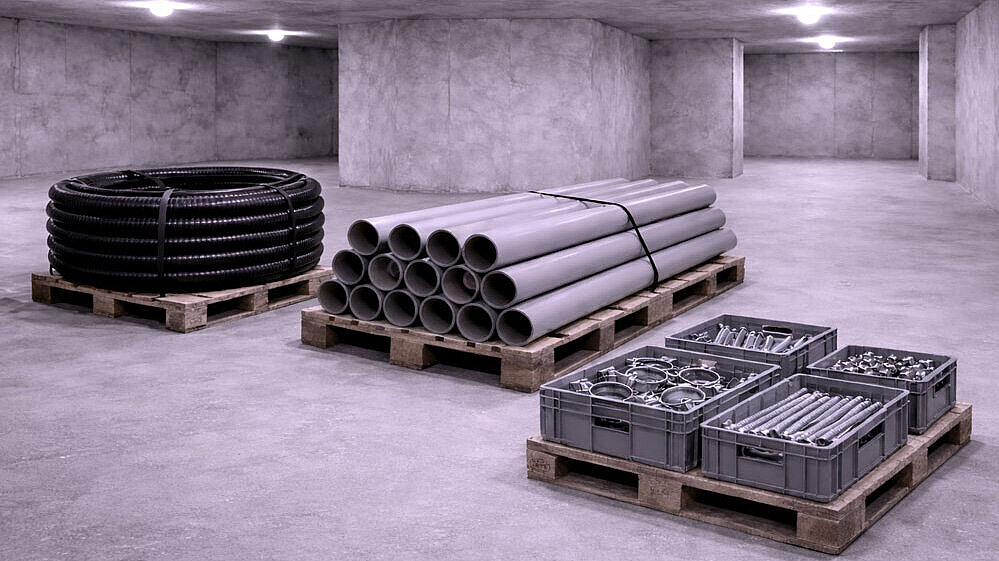 Schematische Darstellung eines Kellerraumes mit verschiedenen Montagematerialien.