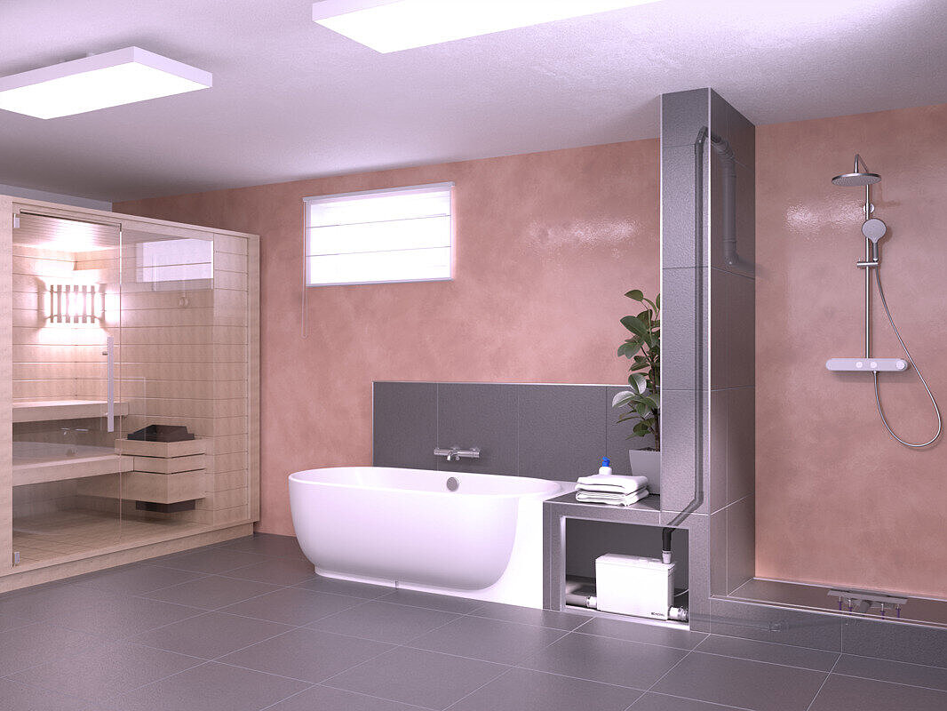 Kleinhebeanlage Minilift M, Einbaudarstellung zweite Perspektive. Kellerraum mit Sauna, Badewanne und Dusche aus einer anderen Perspektive.