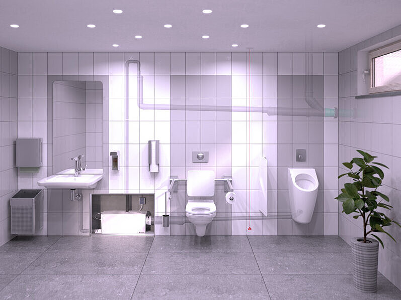 Einbaudarstellung Minilift L WC Duo Badezimmer im Keller mit Waschbecken, Urinal und Toilette, die über eine Kleinhebeanlage in der Vorwand entwässert werden.