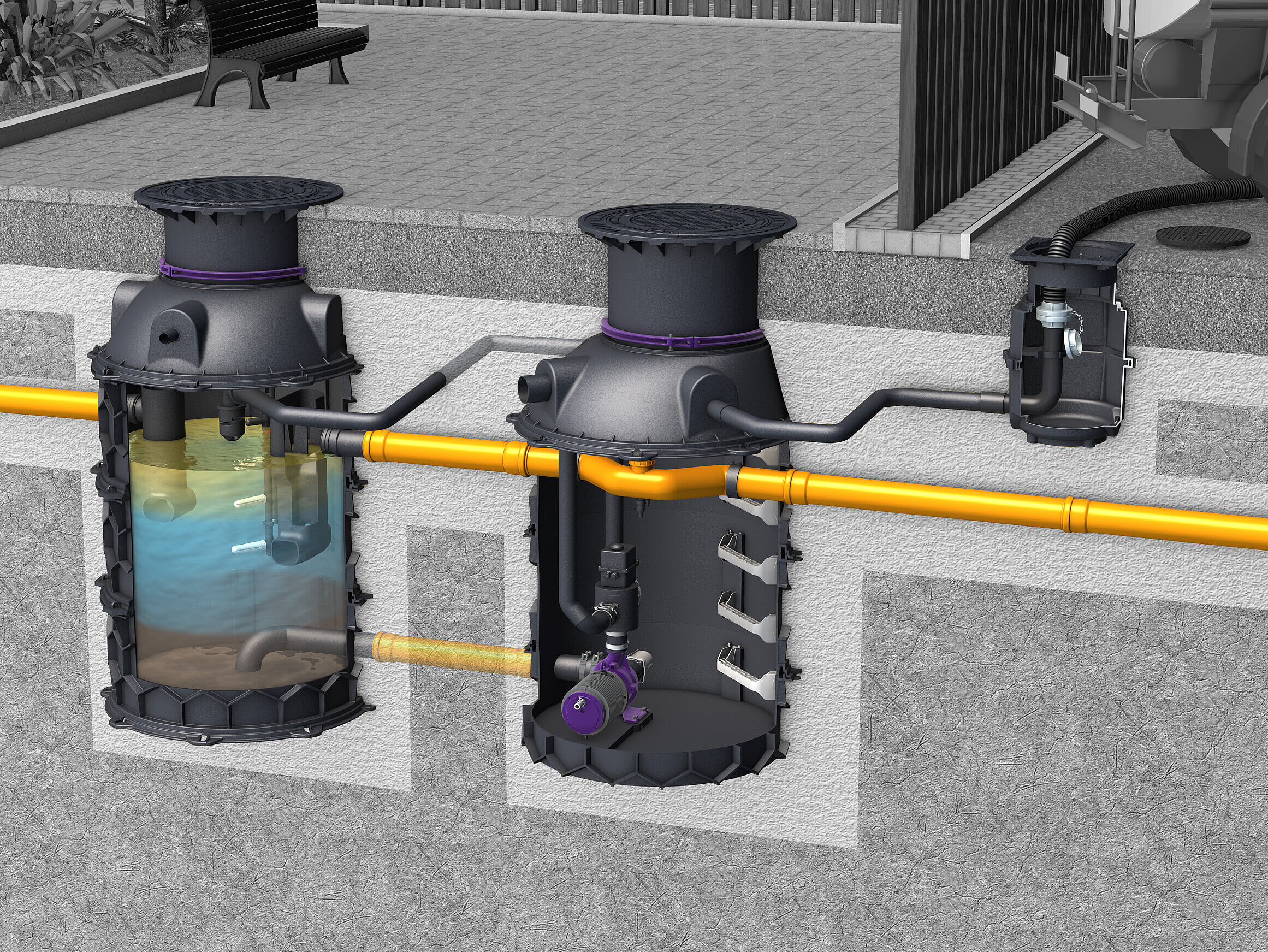 Installation diagram of EasyClean ground Auto Mix & Pump grease separator